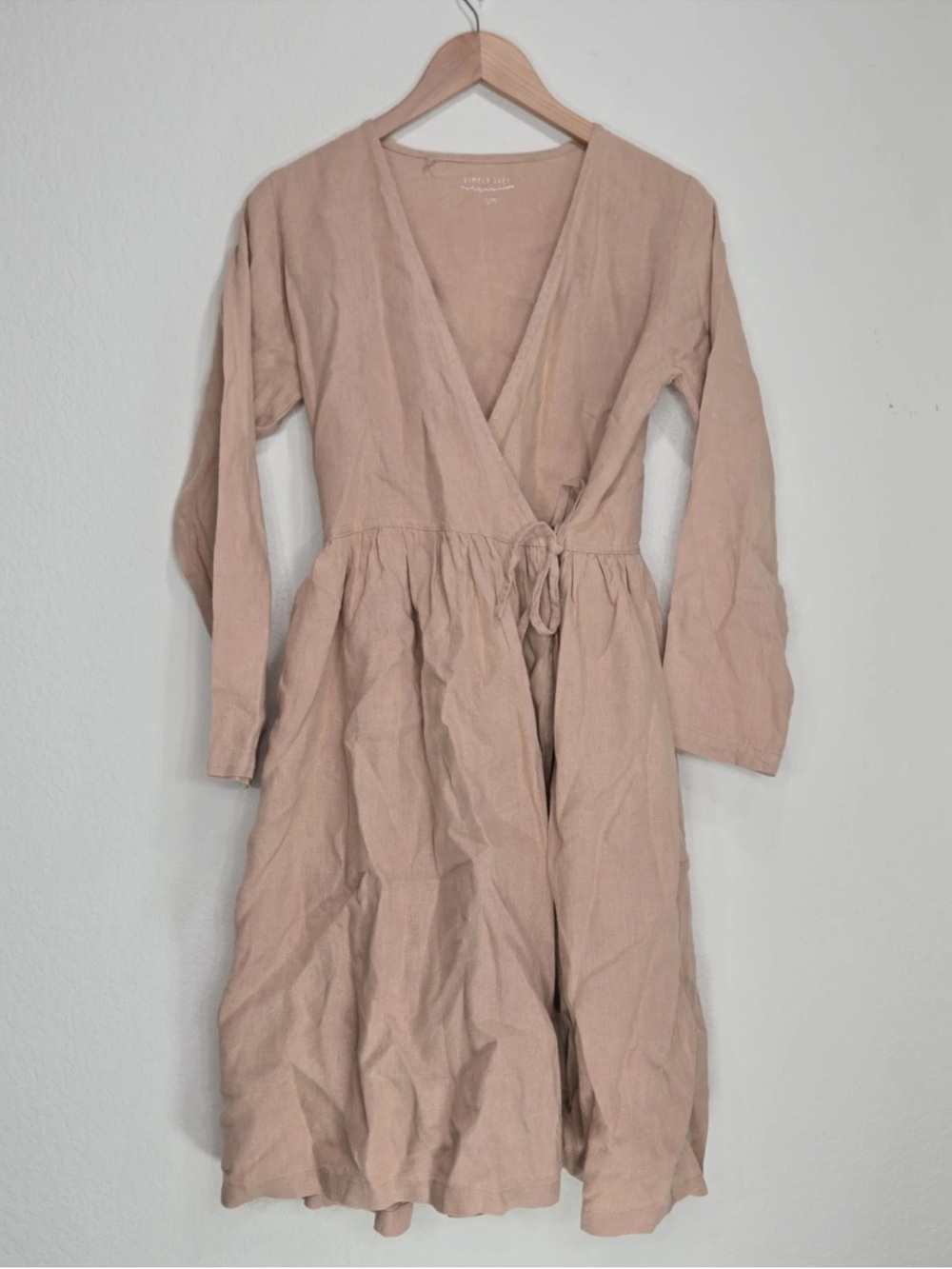 Simply Grey Wrap Dress 100% Linen Long Sleeve Lagenlook Minimalist Size S/M